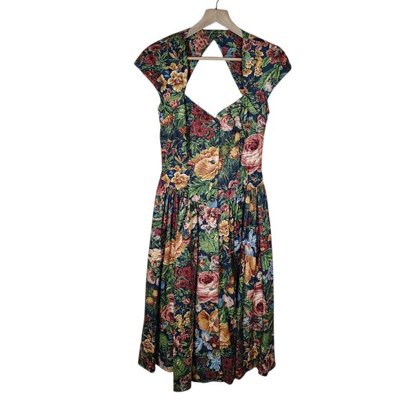 Dresses & Skirts - Vintage Floral Drop Waist Pleated Dress Size 10 Cutout Back Cottagecore